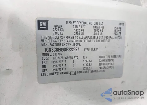 2013 Chevrolet Tahoe Lt z USA, uszkodzony, nr VIN 1GNSCBE09DR322827